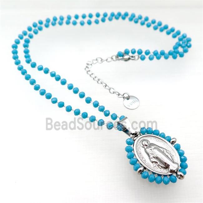 Stainless Steel Jesus Necklace Teal Crystal Glass Platinum Plated