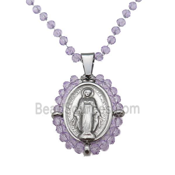 Stainless Steel Jesus Necklace Lt.purple Crystal Glass Platinum Plated