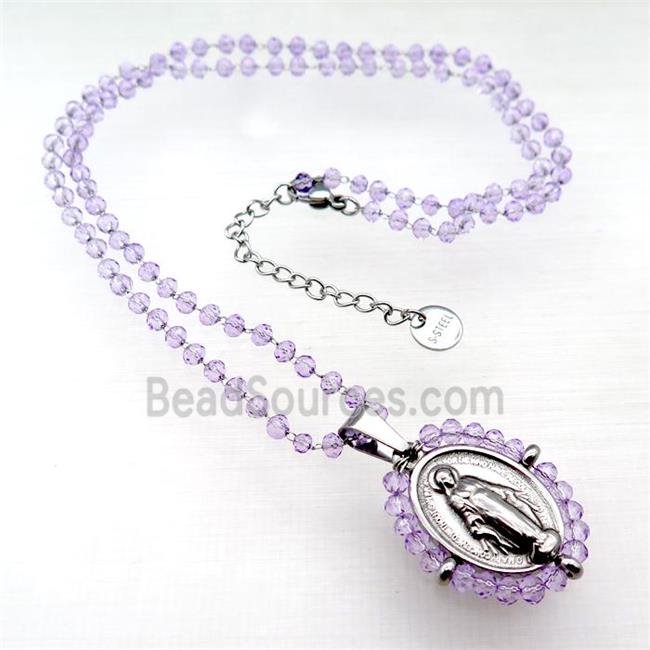 Stainless Steel Jesus Necklace Lt.purple Crystal Glass Platinum Plated