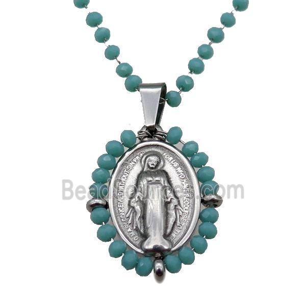 Stainless Steel Jesus Necklace Green Crystal Glass Platinum Plated