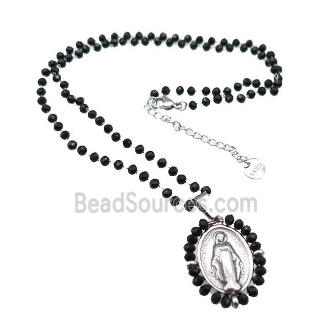 Stainless Steel Jesus Necklace Black Crystal Glass Platinum Plated