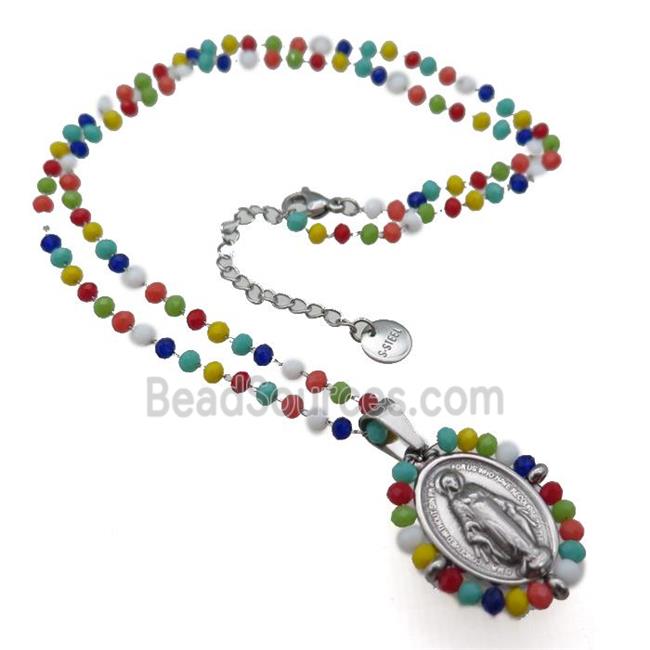 Stainless Steel Jesus Necklace Multicolor Crystal Glass Platinum Plated