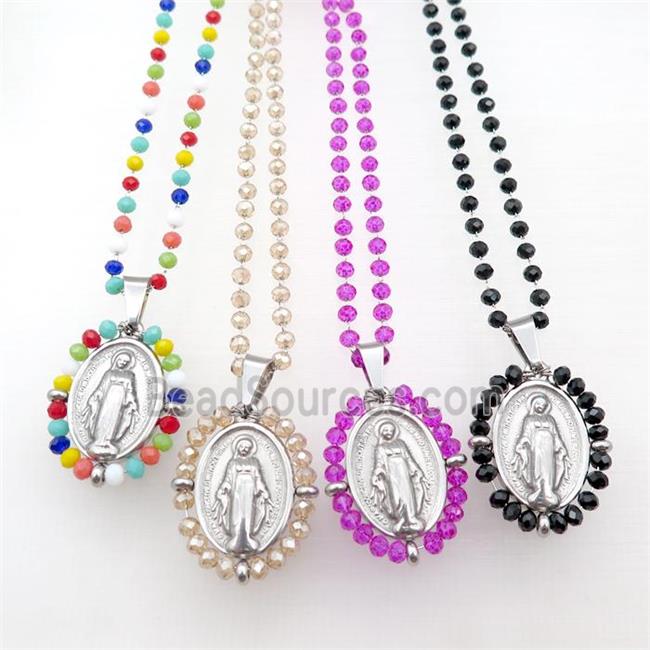 Stainless Steel Jesus Necklace Crystal Glass Platinum Plated Mixed