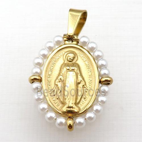 stainless steel Jesus pendant with white pearlized glass, gold plated