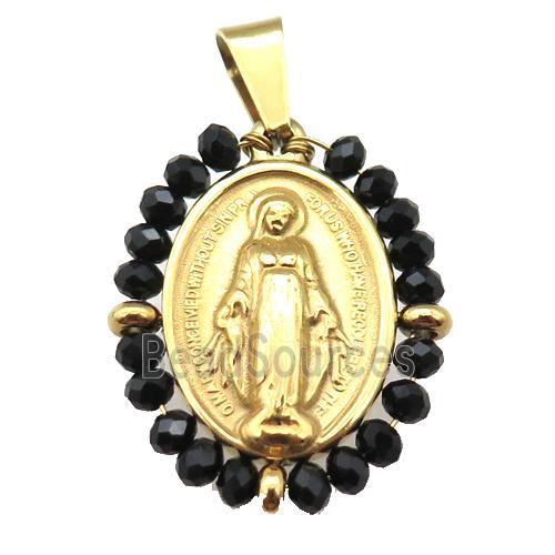 stainless steel Jesus pendant with black crystal glass wrapped, gold plated