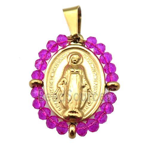 stainless steel Jesus pendant with hotpink crystal glass wrapped, gold plated