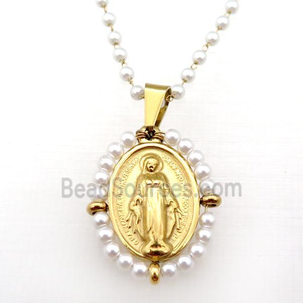 Stainless Steel Jesus Necklace White Pearlized Glass Gold Plated