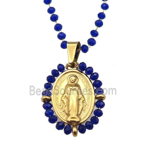 Stainless Steel Jesus Necklace Deepblue Crystal Glass Gold Plated