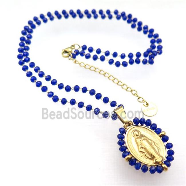 Stainless Steel Jesus Necklace Deepblue Crystal Glass Gold Plated