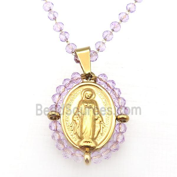 Stainless Steel Jesus Necklace Lt.purple Crystal Glass Gold Plated