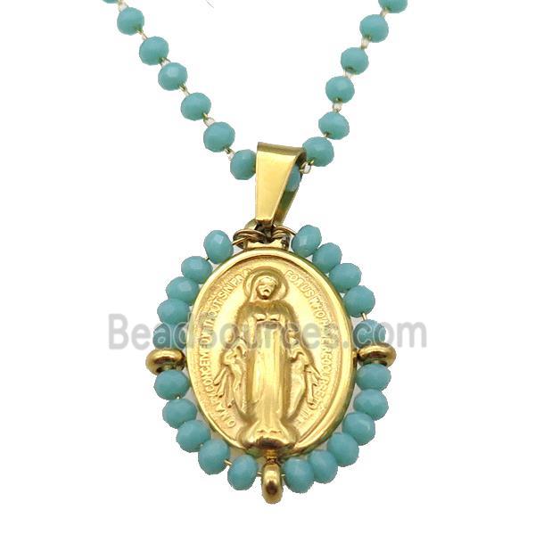 Stainless Steel Jesus Necklace Green Crystal Glass Gold Plated