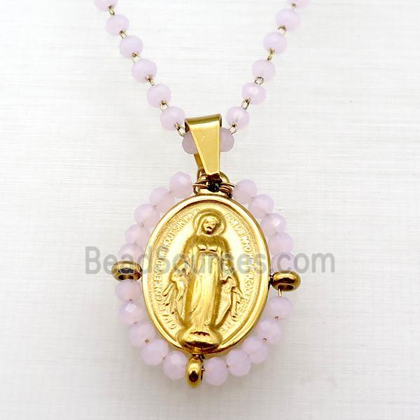 Stainless Steel Jesus Necklace Pink Crystal Glass Gold Plated