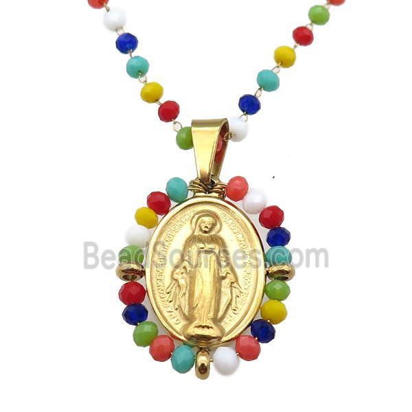 Stainless Steel Jesus Necklace Multicolor Crystal Glass Gold Plated