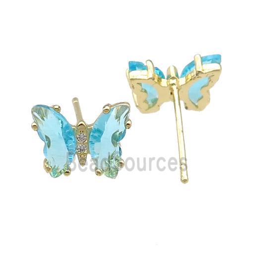 aqua Crystal Glass Butterfly Stud Earrings, gold plated