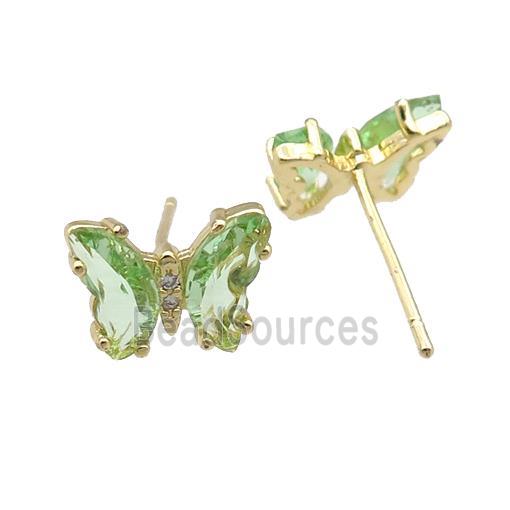 lt.green Crystal Glass Butterfly Stud Earrings, gold plated