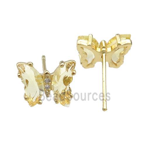 champagne Crystal Glass Butterfly Stud Earrings, gold plated