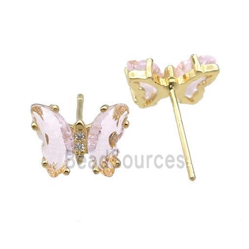 lt.pink Crystal Glass Butterfly Stud Earrings, gold plated