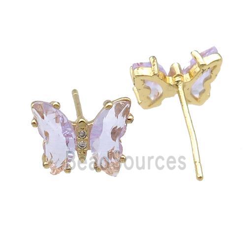 lavender Crystal Glass Butterfly Stud Earrings, gold plated