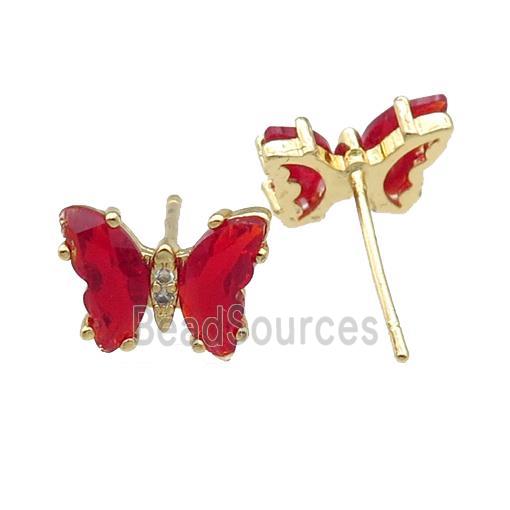 red Crystal Glass Butterfly Stud Earrings, gold plated