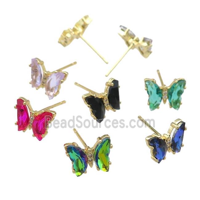 Crystal Glass Butterfly Stud Earrings paved zircon, gold plated, mixed