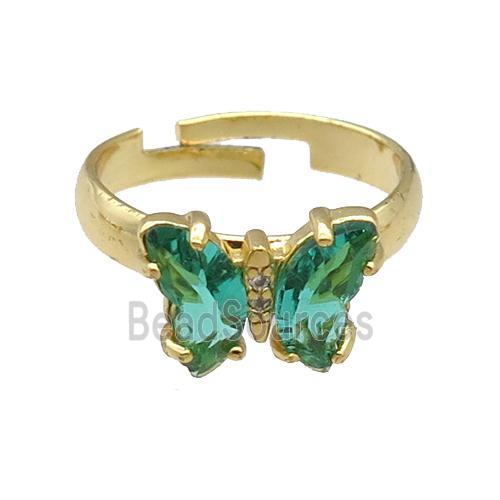 peacockgreen Crystal Glass Butterfly Rings, gold plated