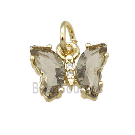 smoky Crystal Glass Butterfly Pendant, gold plated