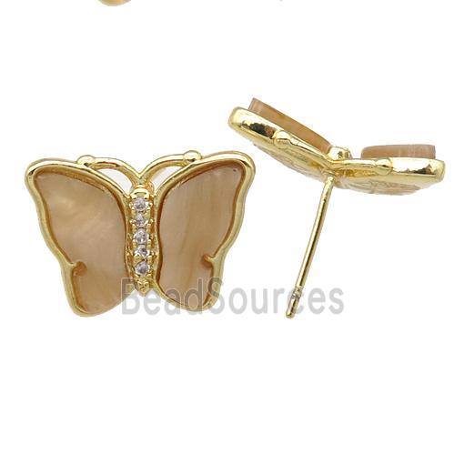 brown Resin Butterfly Stud Earrings, gold plated