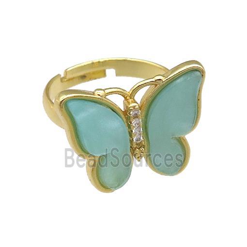 green Resin Butterfly Rings, adjustable, gold plated