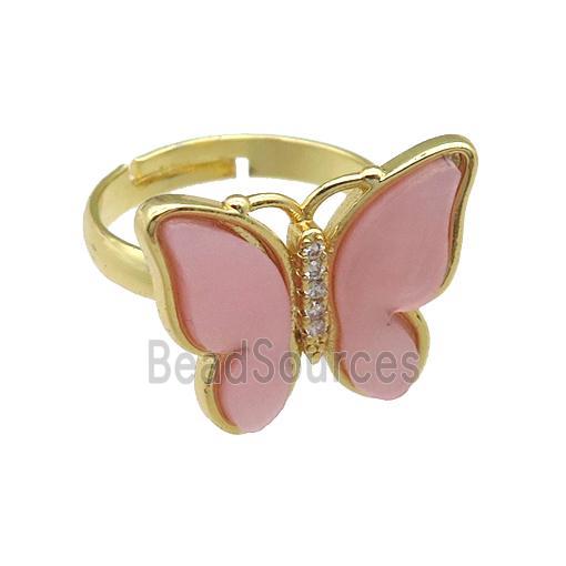 lt.pink Resin Butterfly Rings, adjustable, gold plated