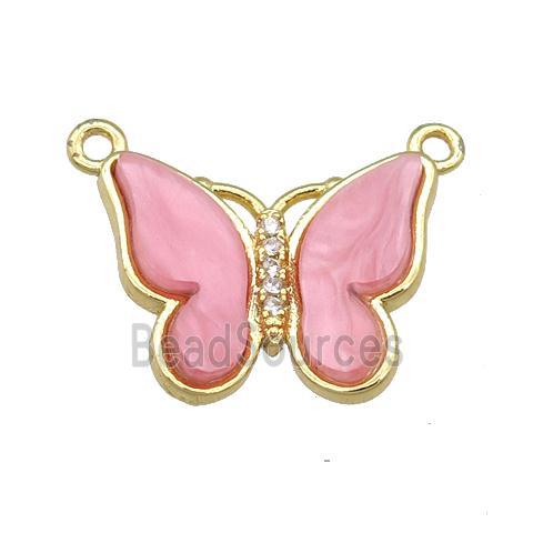 pink Resin Butterfly Pendant with 2loops, gold plated