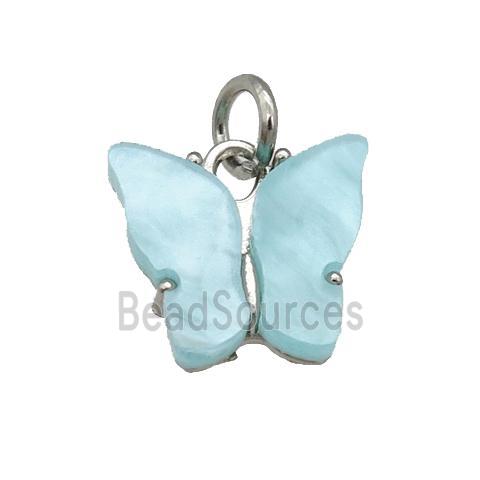 blue Resin Butterfly Pendant, platinum plated