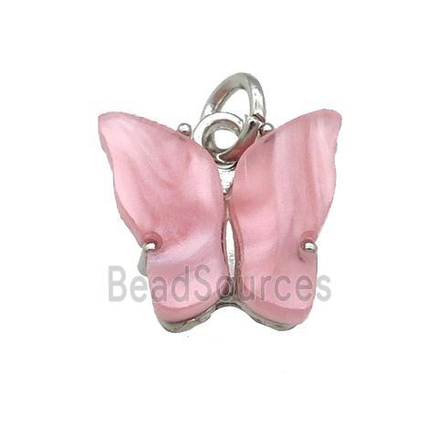 pink Resin Butterfly Pendant, platinum plated