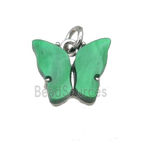 green Resin Butterfly Pendant, platinum plated