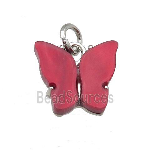 red Resin Butterfly Pendant, platinum plated