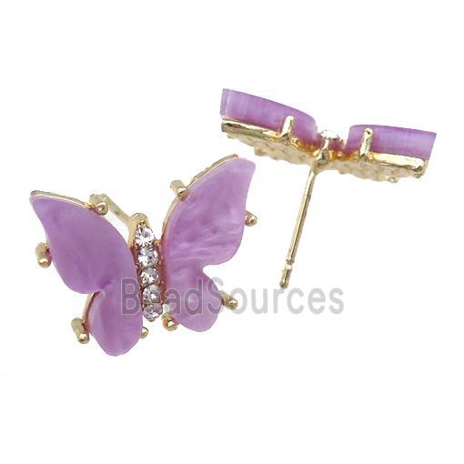 lavender Resin Butterfly Stud Earrings, gold plated