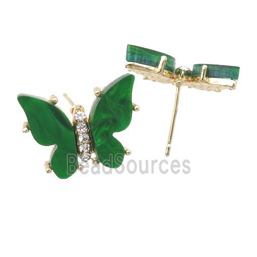 green Resin Butterfly Stud Earrings, gold plated