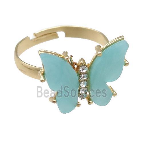 teal Resin Butterfly Rings, adjustable, gold plated