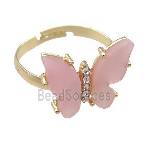 pink Resin Butterfly Rings, adjustable, gold plated