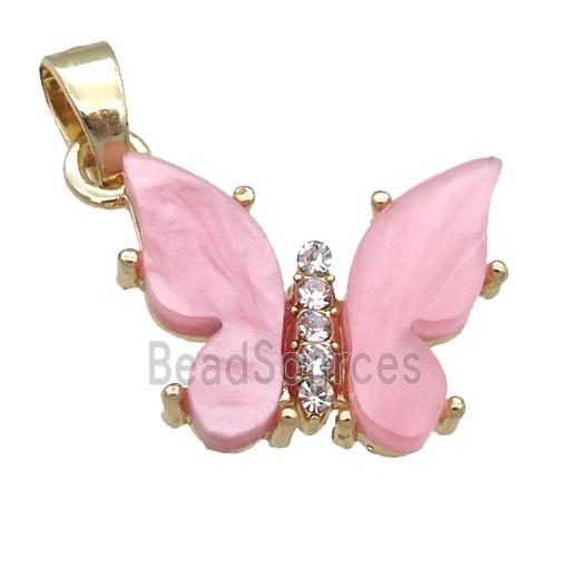 pink Resin Butterfly Pendant, gold plated