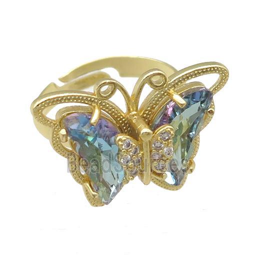 lt.blue Crystal Glass Butterfly Rings, adjustable, gold plated