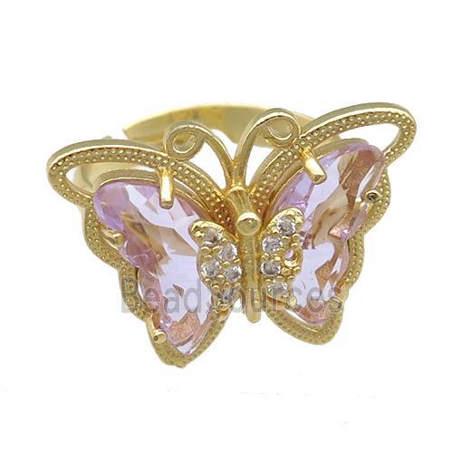 lt.lavender Crystal Glass Butterfly Rings, adjustable, gold plated