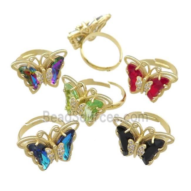 mixed Crystal Glass Butterfly Rings pave zircon, adjustable, gold plated