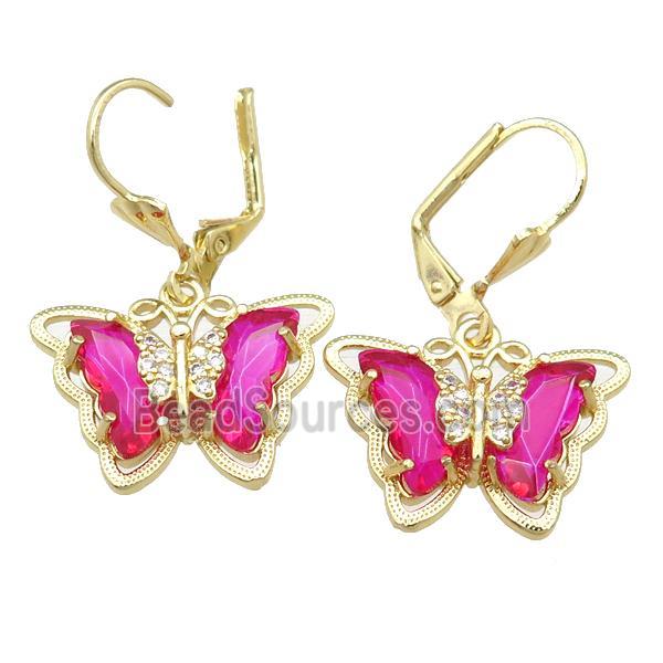 hotpink Crystal Glass Butterfly Latchback Earring, gold plated