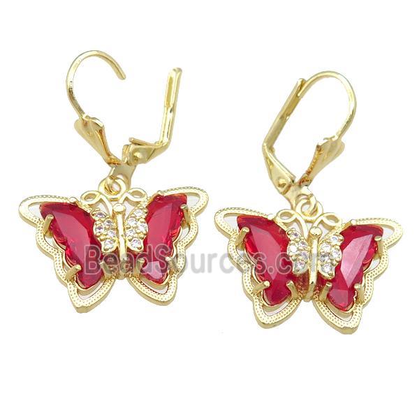 red Crystal Glass Butterfly Latchback Earring, gold plated