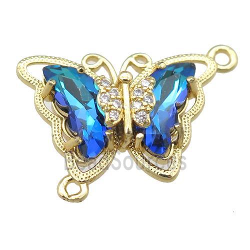 blue Crystal Glass Butterfly Connector, gold plated