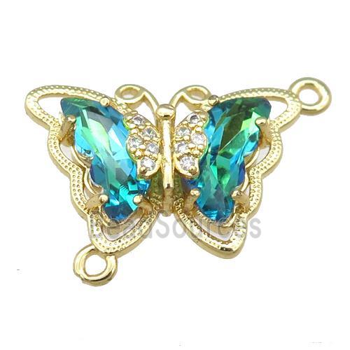 green Crystal Glass Butterfly Connector, gold plated