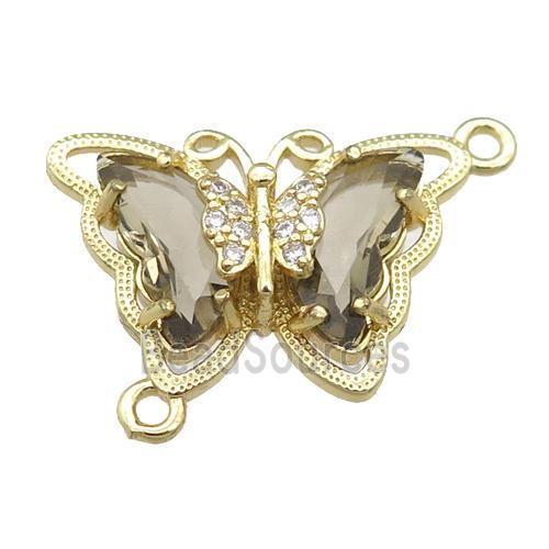 smoky Crystal Glass Butterfly Connector, gold plated