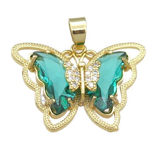 green Crystal Glass Butterfly Pendant, gold plated