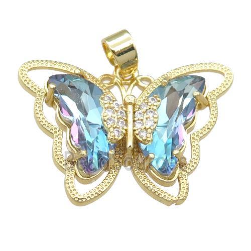 lt.blue Crystal Glass Butterfly Pendant, gold plated