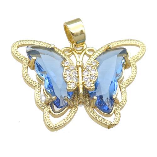 blue Crystal Glass Butterfly Pendant, gold plated